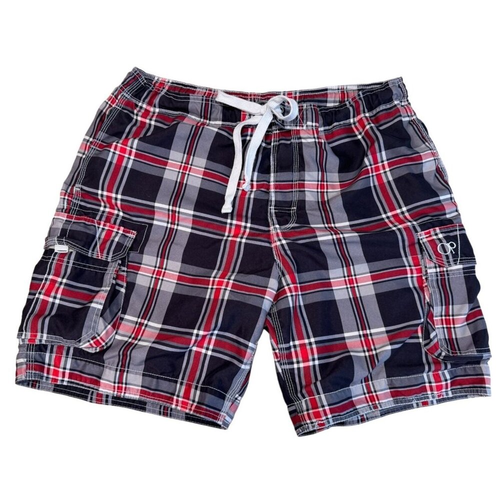 Op Plaid Shorts or Swim Trunks With Liner Black Red White Draw String